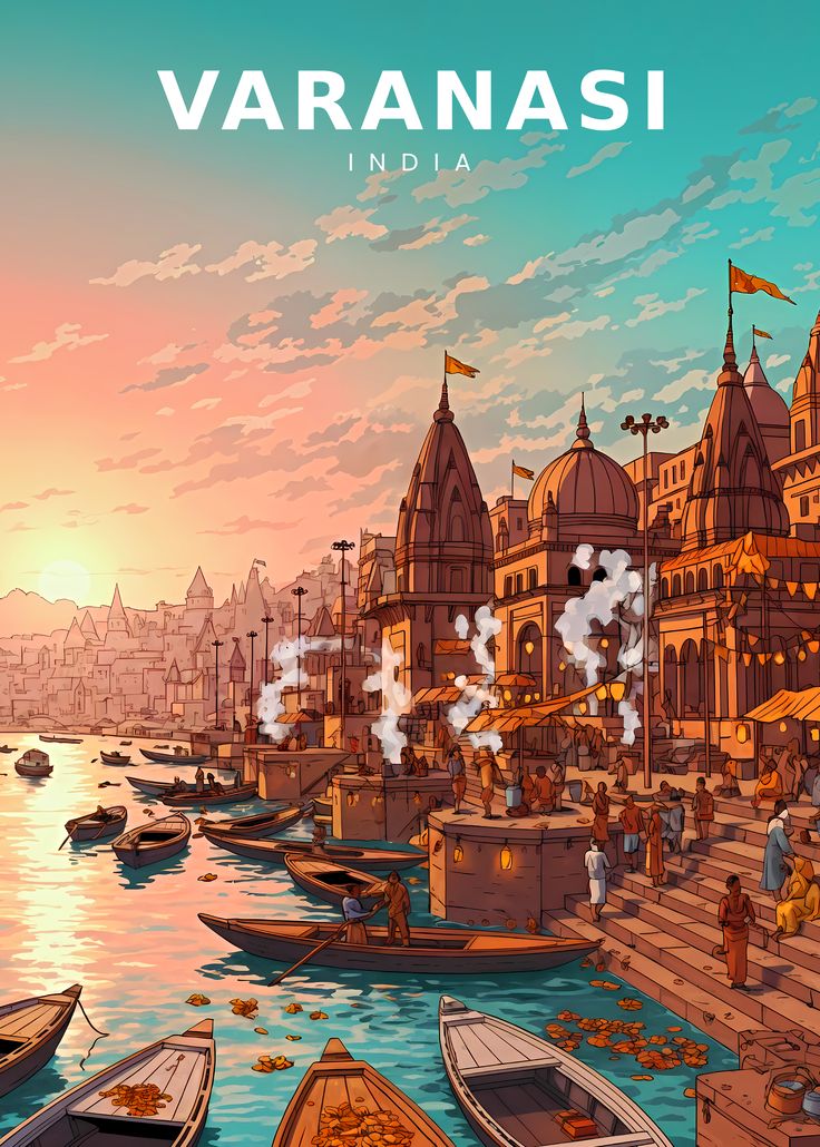 Varanasi Ghats India Vintage Travel Illustration Poster