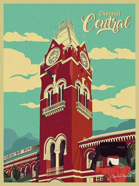 Chennai Central Railway Station Vintage Illustration Poster