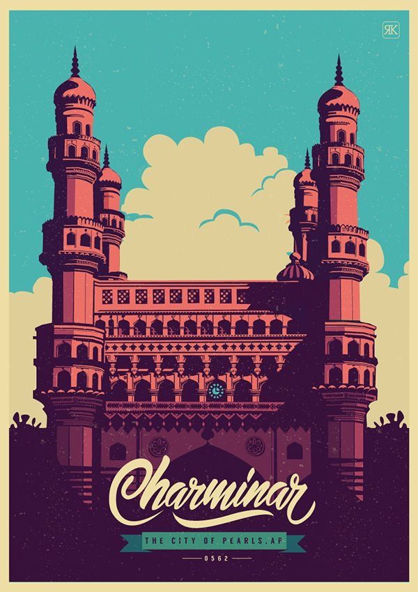 Charminar Hyderabad Vintage City Illustration Poster