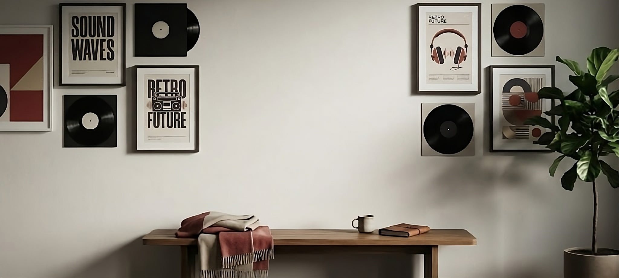 Wall with framed records and posters in a room with a desk and plant